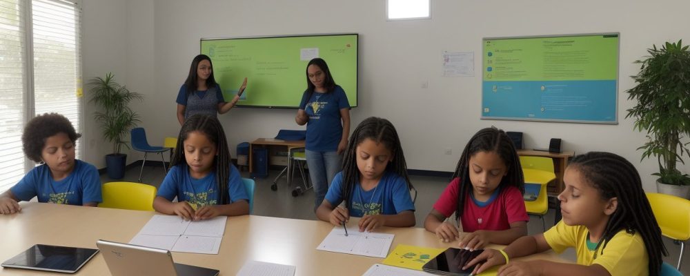 Educadores engajados em curso online de cidadania digital, utilizando tecnologia para aprimorar práticas de ensino e liderança digital.