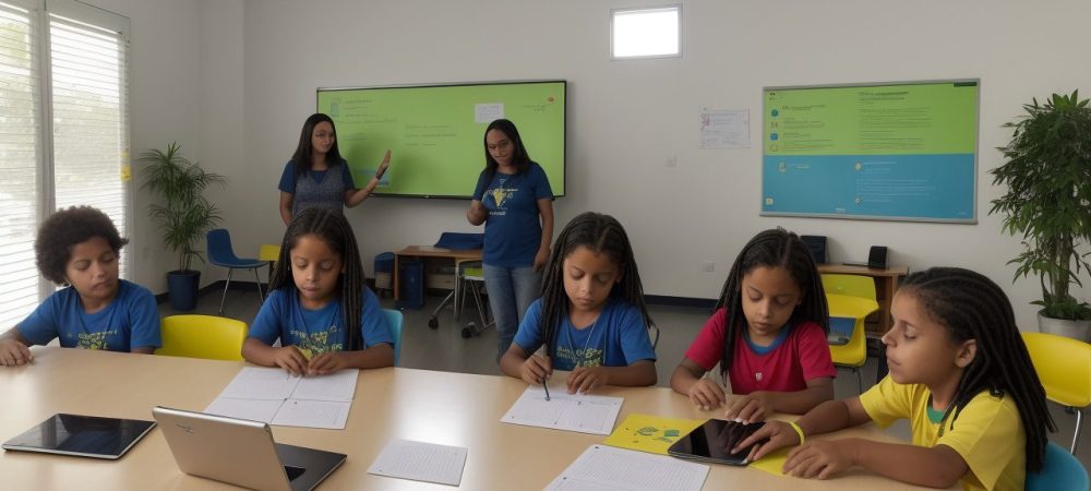 Educadores engajados em curso online de cidadania digital, utilizando tecnologia para aprimorar práticas de ensino e liderança digital.