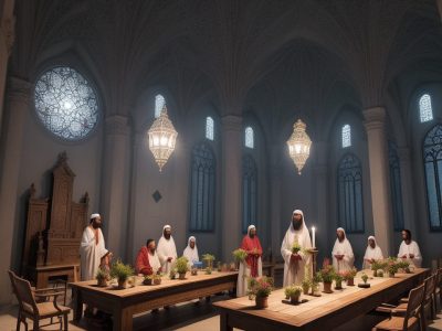 Ilustração de um curso de ciência da religião, mostrando livros abertos, pessoas reunidas e um ambiente de estudo dinâmico.