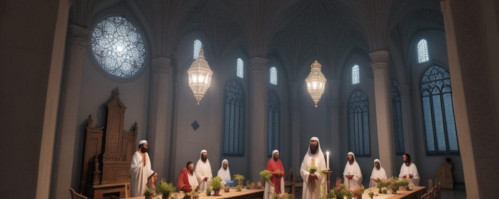 Ilustração de um curso de ciência da religião, mostrando livros abertos, pessoas reunidas e um ambiente de estudo dinâmico.