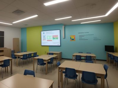 Sala de aula com alunos engajados em projetos de ciências humanas e sociais aplicadas, promovendo o aprendizado