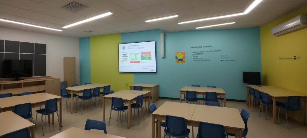Sala de aula com alunos engajados em projetos de ciências humanas e sociais aplicadas, promovendo o aprendizado