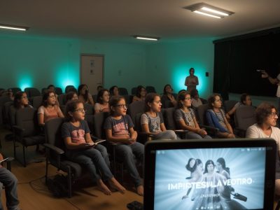 Alunos aprendendo cinema em um ambiente interativo, com foco em cursos de cinema online e produção de filmes