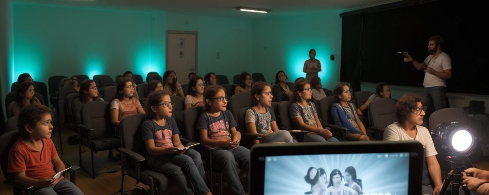 Alunos aprendendo cinema em um ambiente interativo, com foco em cursos de cinema online e produção de filmes