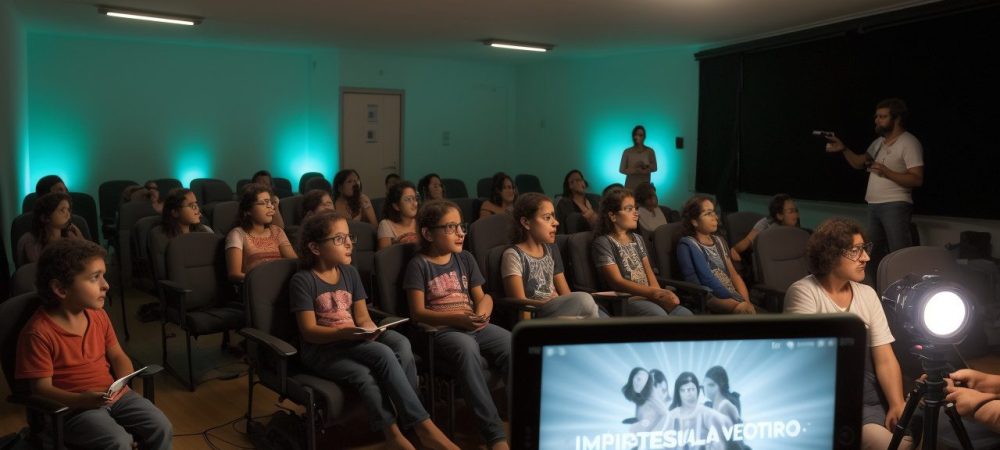 Alunos aprendendo cinema em um ambiente interativo, com foco em cursos de cinema online e produção de filmes