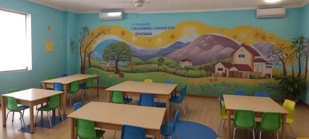 Crianças em ambiente escolar, com livros e materiais educativos, simbolizando o direito à educação e o combate à exploração infantil.