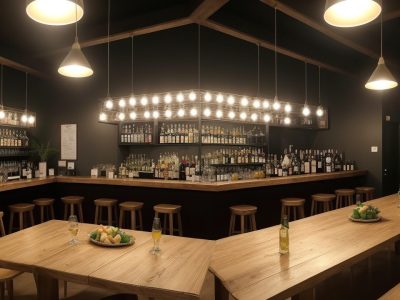 Mesa de bar com diversos petiscos de boteco, como torresmo e bolinho de bacalhau, reunindo amigos e celebrando a culinária brasileira.