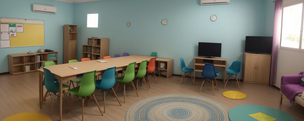 Sala de aula com estudantes colaborando e utilizando ferramentas para dificuldades de aprendizagem