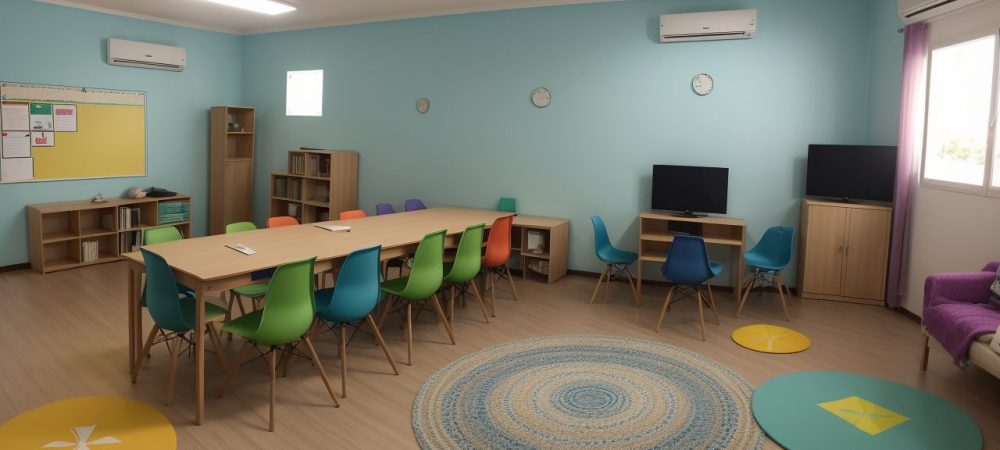 Sala de aula com estudantes colaborando e utilizando ferramentas para dificuldades de aprendizagem