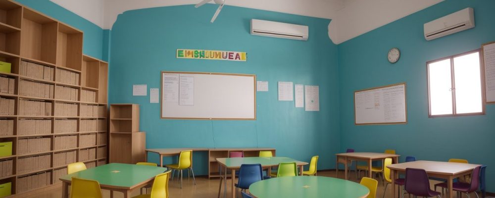 Sala de aula dinâmica com estudantes usando estratégias para dificuldades de aprendizagem