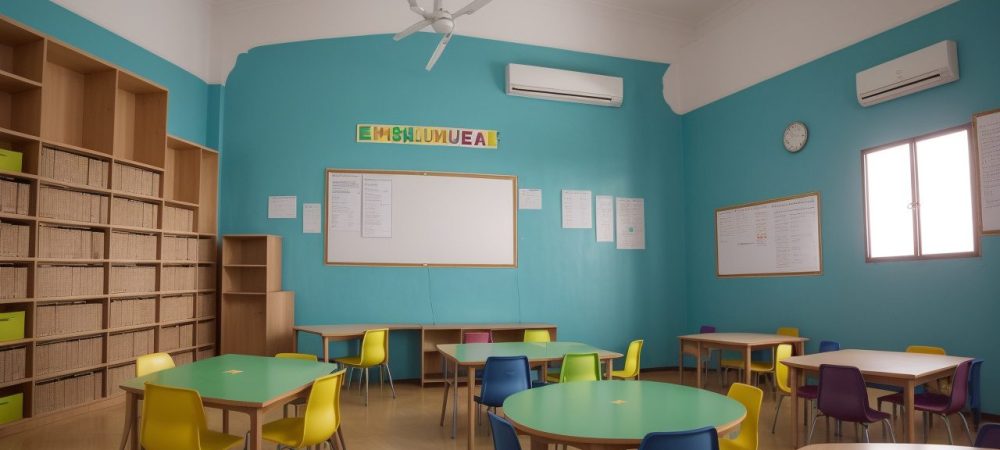 Sala de aula dinâmica com estudantes usando estratégias para dificuldades de aprendizagem