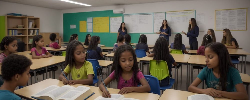 Professor ensinando literatura em sala de aula moderna, com alunos engajados em projetos de leitura e dinâmicas interativas