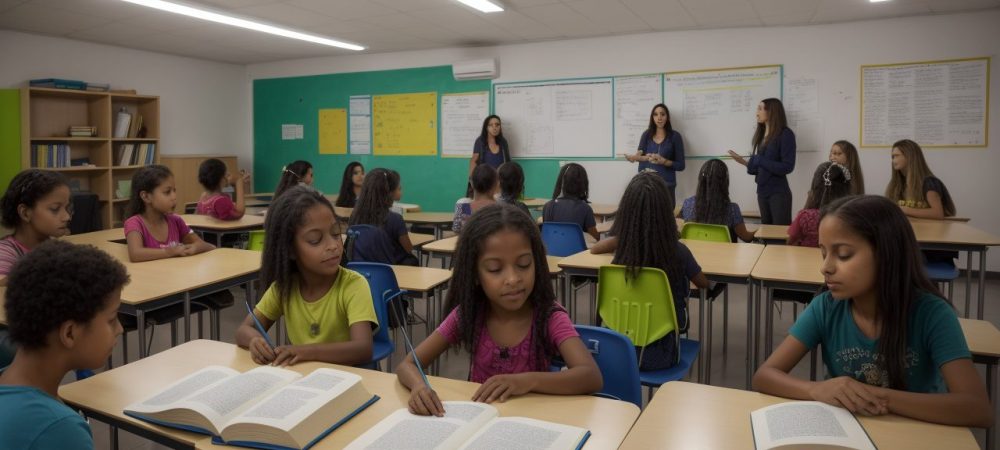 Professor ensinando literatura em sala de aula moderna, com alunos engajados em projetos de leitura e dinâmicas interativas