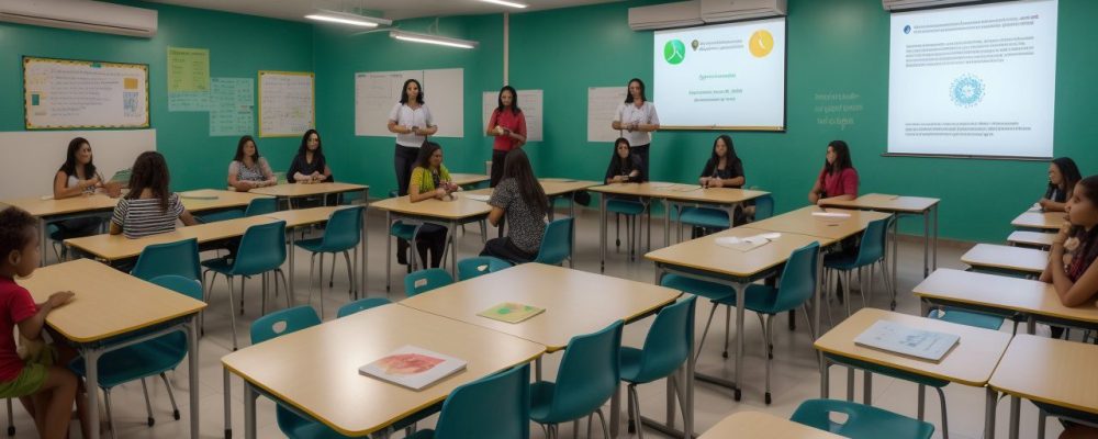 Educadores discutindo sobre agressividade infantil na sala de aula com estratégias de prevenção