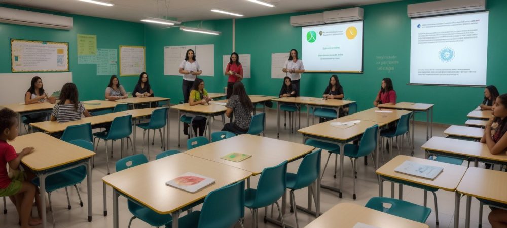 Educadores discutindo sobre agressividade infantil na sala de aula com estratégias de prevenção