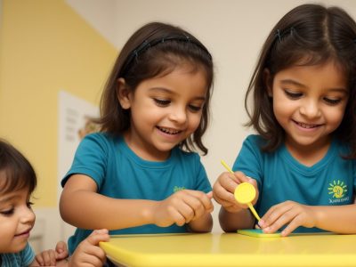 Alunos utilizando dispositivos de comunicação alternativa, como tablets e quadros visuais, em uma sala de aula inclusiva e acessível.