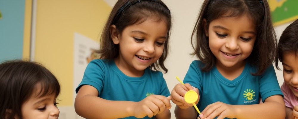 Alunos utilizando dispositivos de comunicação alternativa, como tablets e quadros visuais, em uma sala de aula inclusiva e acessível.