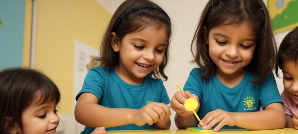 Alunos utilizando dispositivos de comunicação alternativa, como tablets e quadros visuais, em uma sala de aula inclusiva e acessível.