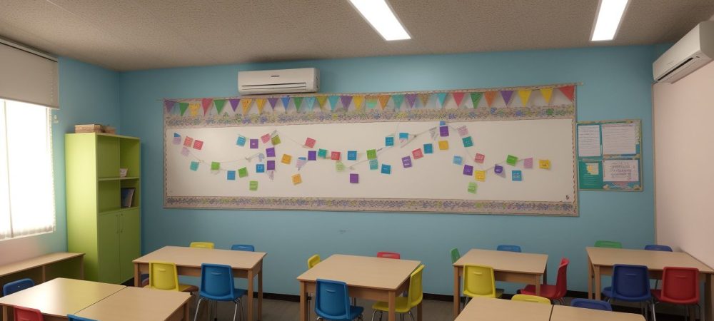 Professora interagindo com alunos usando sistemas de comunicação alternativa e dispositivos de comunicação em sala de aula inclusiva.