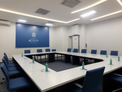 Imagem de um servidor público apresentando em uma sala de reunião, com foco em oratória e comunicação eficaz.