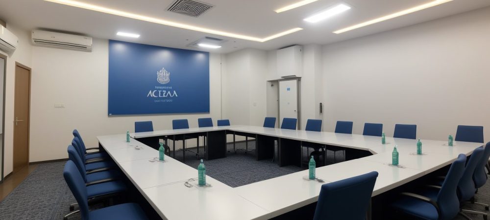 Imagem de um servidor público apresentando em uma sala de reunião, com foco em oratória e comunicação eficaz.