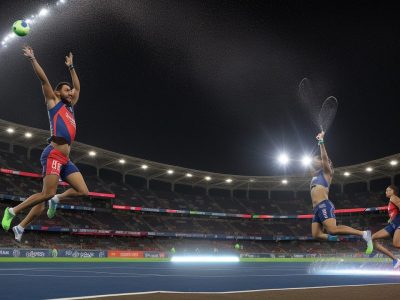 Imagem representando a comunicação esportiva, mostrando atletas, torcedores e mídia em um ambiente dinâmico e conectado, simbolizando engajamento e sucesso.