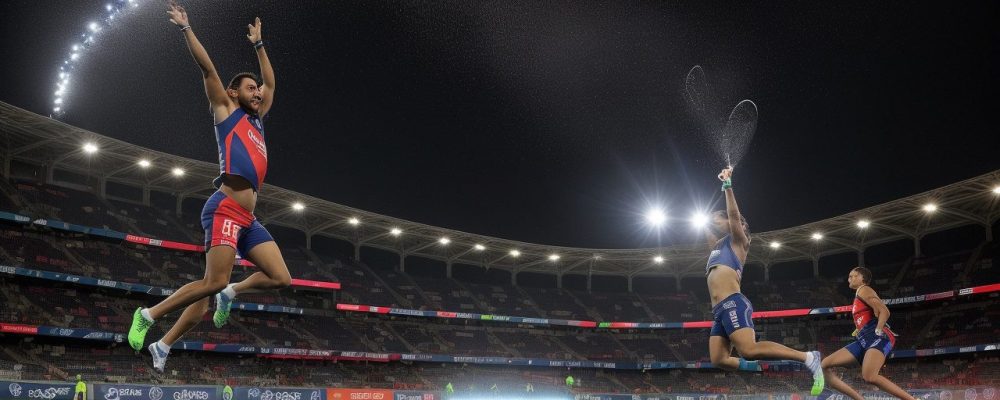 Imagem representando a comunicação esportiva, mostrando atletas, torcedores e mídia em um ambiente dinâmico e conectado, simbolizando engajamento e sucesso.