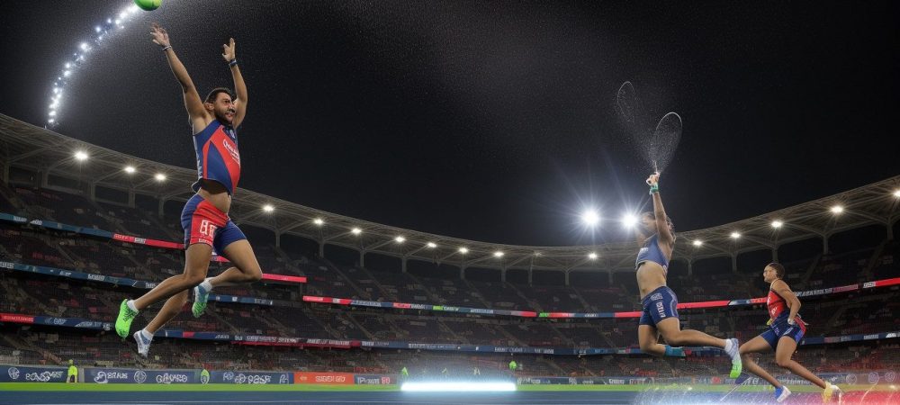 Imagem representando a comunicação esportiva, mostrando atletas, torcedores e mídia em um ambiente dinâmico e conectado, simbolizando engajamento e sucesso.