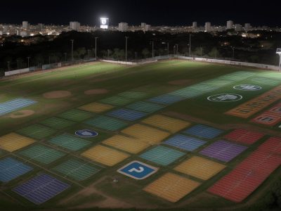 Ilustração de um evento esportivo com jornalistas e profissionais de marketing trabalhando, representando a comunicação esportiva.