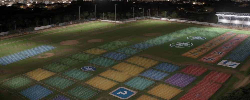 Ilustração de um evento esportivo com jornalistas e profissionais de marketing trabalhando, representando a comunicação esportiva.