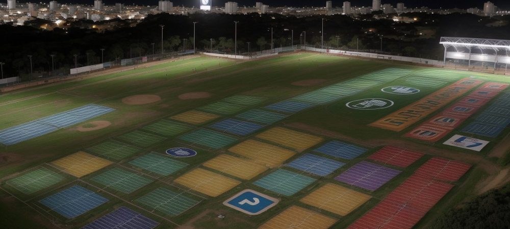 Ilustração de um evento esportivo com jornalistas e profissionais de marketing trabalhando, representando a comunicação esportiva.