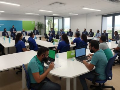 Representação visual de comunicação interna no serviço público, com foco em engajamento de funcionários e clima organizacional