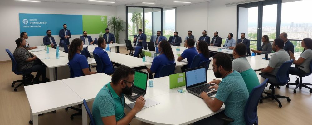 Representação visual de comunicação interna no serviço público, com foco em engajamento de funcionários e clima organizacional