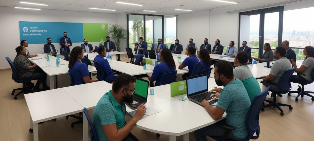 Representação visual de comunicação interna no serviço público, com foco em engajamento de funcionários e clima organizacional