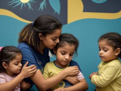 Ilustração de criança abraçada por duas mãos, representando proteção e o impacto da alienação parental, com destaque para curso online e apoio psicológico.