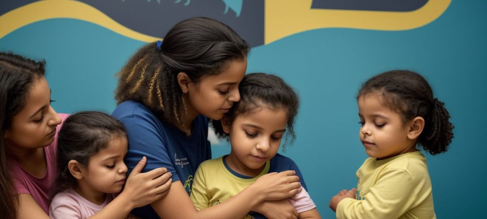 Ilustração de criança abraçada por duas mãos, representando proteção e o impacto da alienação parental, com destaque para curso online e apoio psicológico.