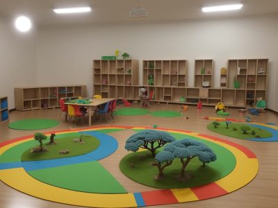 Crianças explorando e interagindo em uma sala de aula, com foco na construção do conhecimento e desenvolvimento infantil.