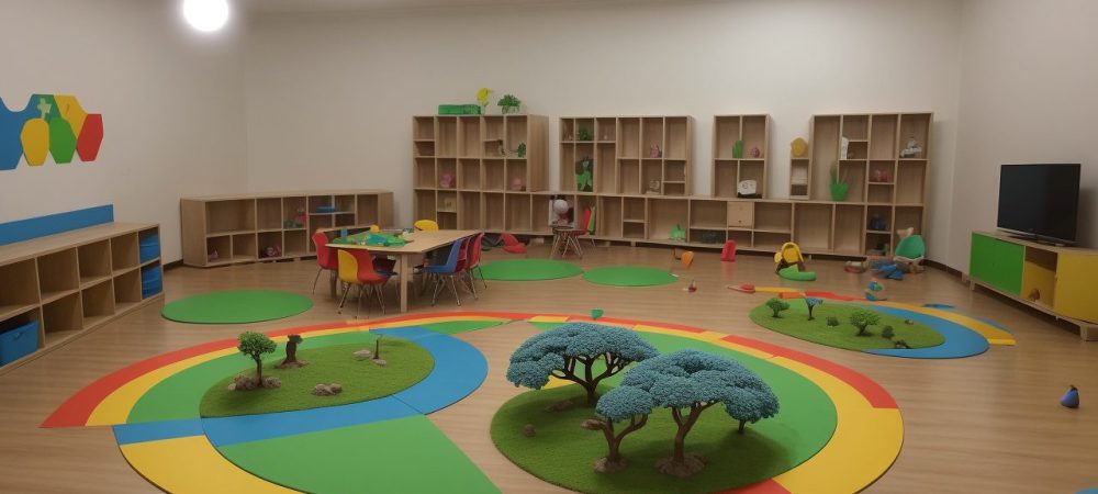 Crianças explorando e interagindo em uma sala de aula, com foco na construção do conhecimento e desenvolvimento infantil.