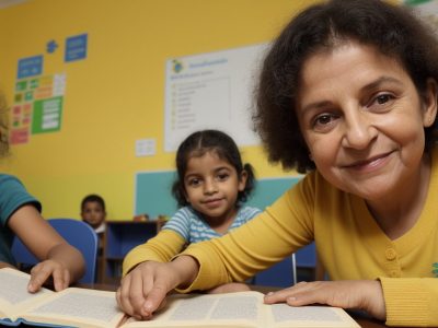 Crianças ouvindo e participando ativamente de uma sessão de contação de histórias na educação infantil, com elementos visuais e interativos.