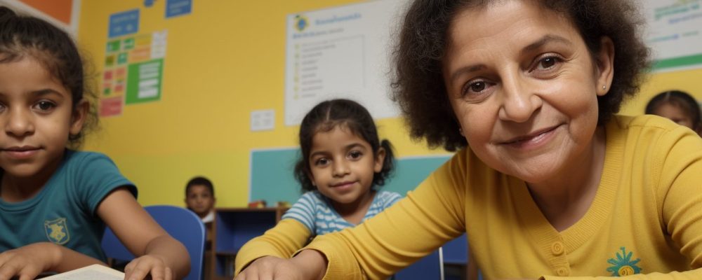 Crianças ouvindo e participando ativamente de uma sessão de contação de histórias na educação infantil, com elementos visuais e interativos.