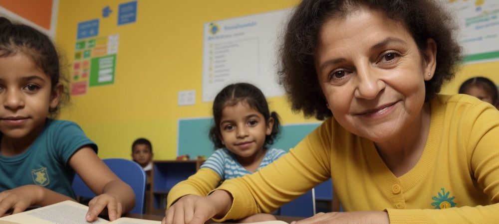 Crianças ouvindo e participando ativamente de uma sessão de contação de histórias na educação infantil, com elementos visuais e interativos.