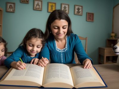 Crianças felizes ouvindo contação de histórias em um ambiente acolhedor e colorido, com livros e fantoches