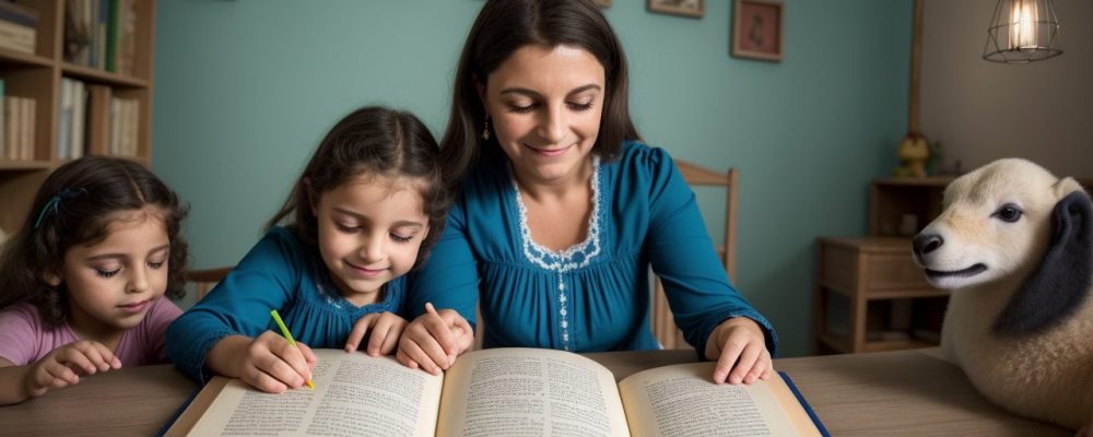 Crianças felizes ouvindo contação de histórias em um ambiente acolhedor e colorido, com livros e fantoches