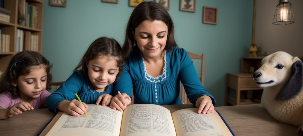 Crianças felizes ouvindo contação de histórias em um ambiente acolhedor e colorido, com livros e fantoches