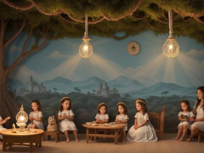 Crianças ouvindo a contação de histórias em sala de aula, com foco no desenvolvimento da criatividade e imaginação.