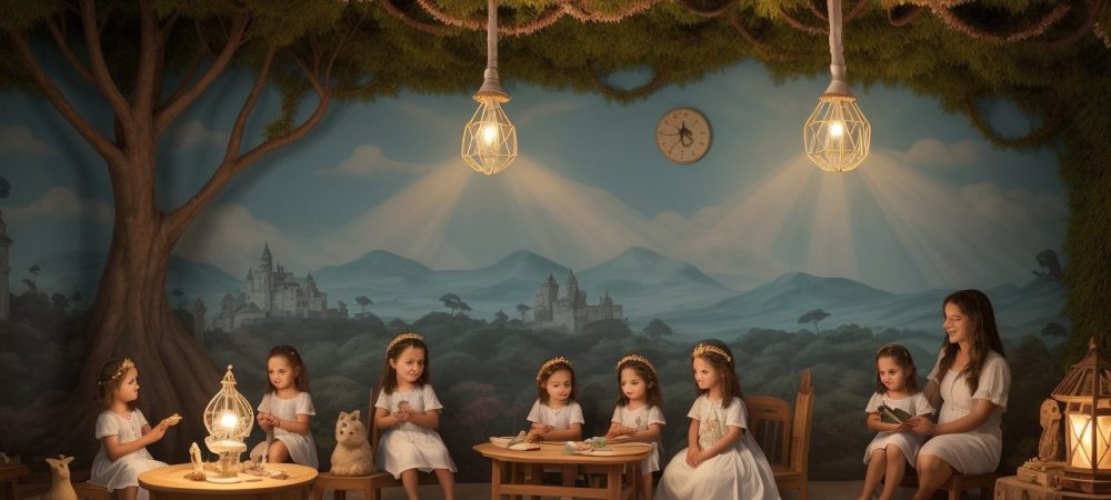 Crianças ouvindo a contação de histórias em sala de aula, com foco no desenvolvimento da criatividade e imaginação.