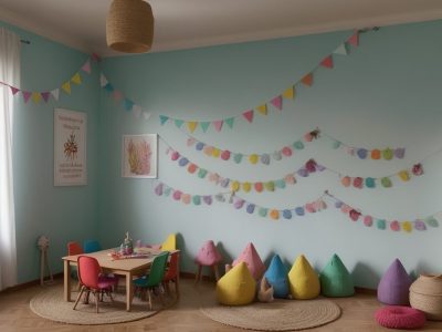 Crianças ouvindo uma contadora de histórias em uma sala de aula, com elementos visuais que estimulam a imaginação e o aprendizado.