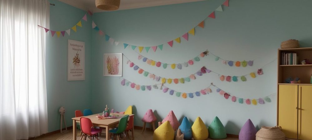 Crianças ouvindo uma contadora de histórias em uma sala de aula, com elementos visuais que estimulam a imaginação e o aprendizado.