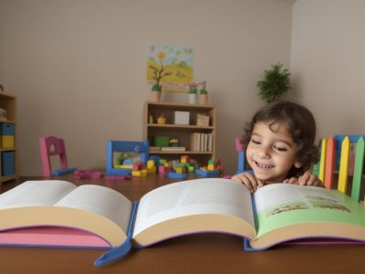 Educadora contando histórias para crianças em sala de aula, utilizando recursos visuais e expressões cativantes.