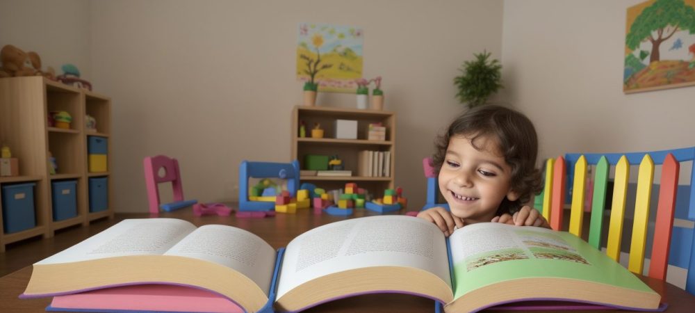 Educadora contando histórias para crianças em sala de aula, utilizando recursos visuais e expressões cativantes.